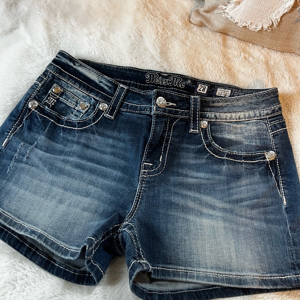 Miss Me Blue Jean Shorts with Distressed Finish